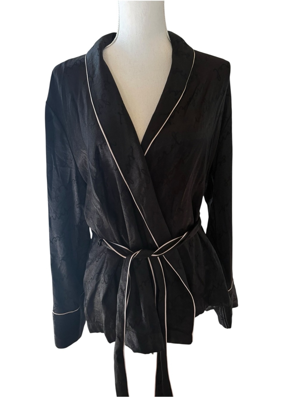 Victoria’s Secret Black Satin Wrap Tie Robe.  Size L
